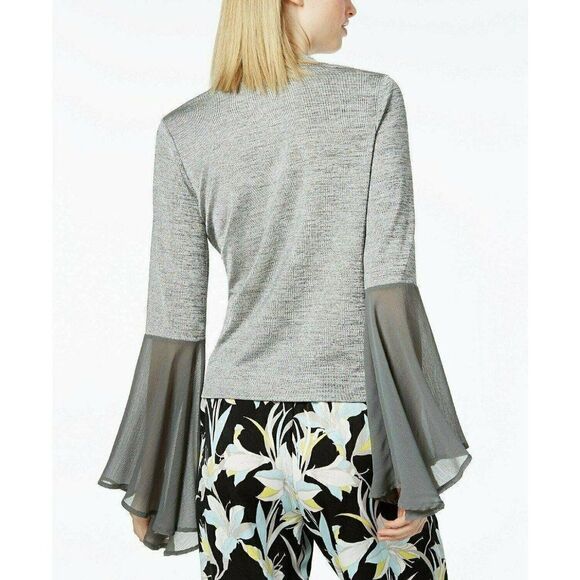 BAR III Blouse Top Women's XS‎ Silver Gray Chiffon Contrast Tiered Bell-Sleeve - Picture 2 of 3